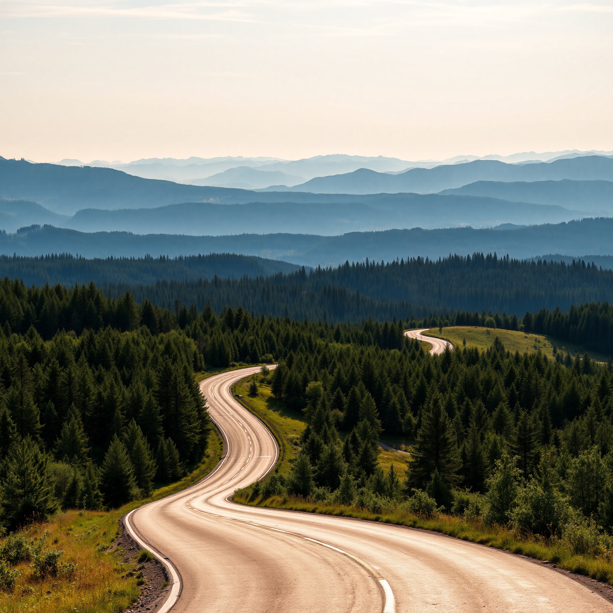 Scenic Polish countryside landscape showing winding road through forest with mountain views, ideal for eco-friendly electric vehicle travel