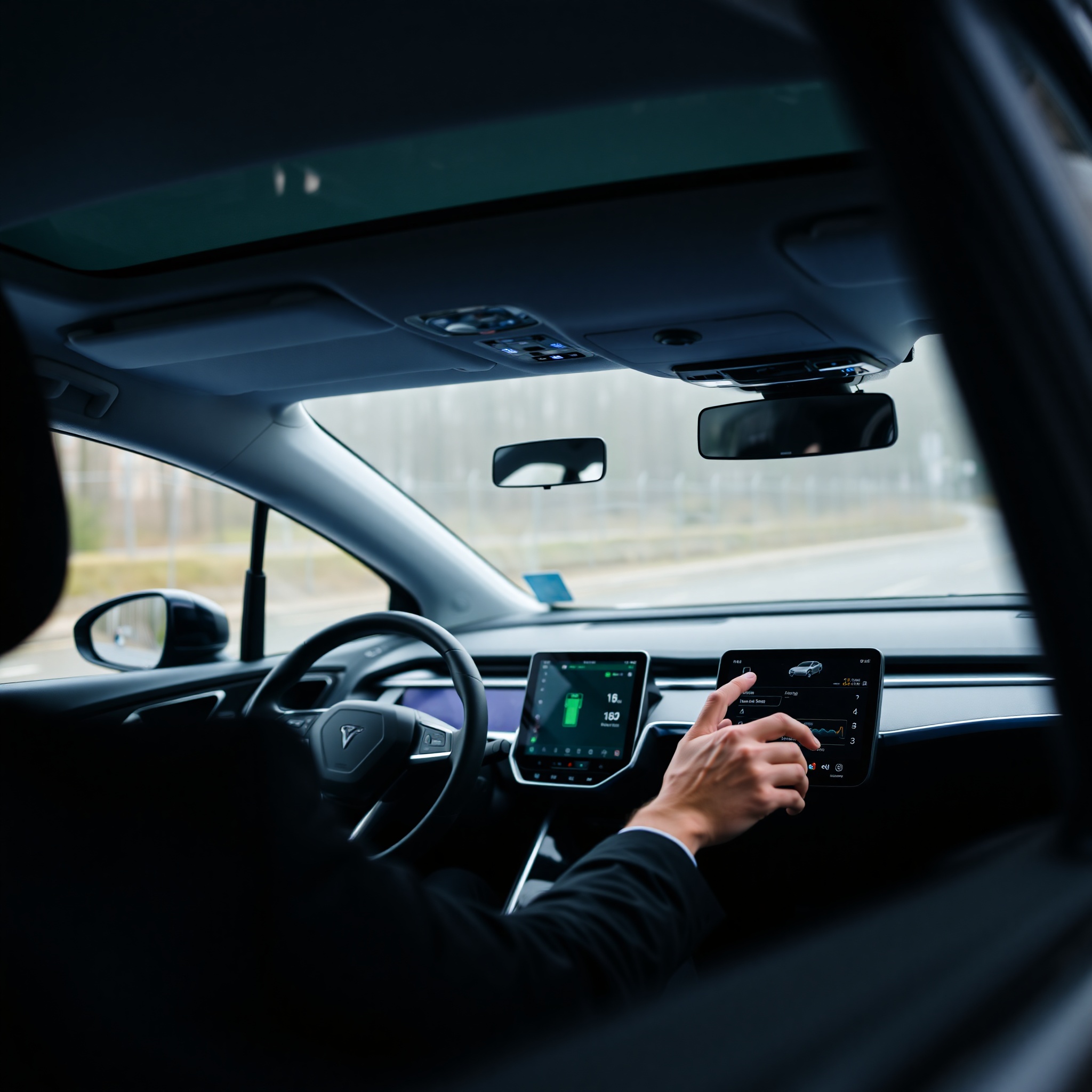 Professional businessman checking electric vehicle range and battery statistics on touchscreen dashboard inside rental car