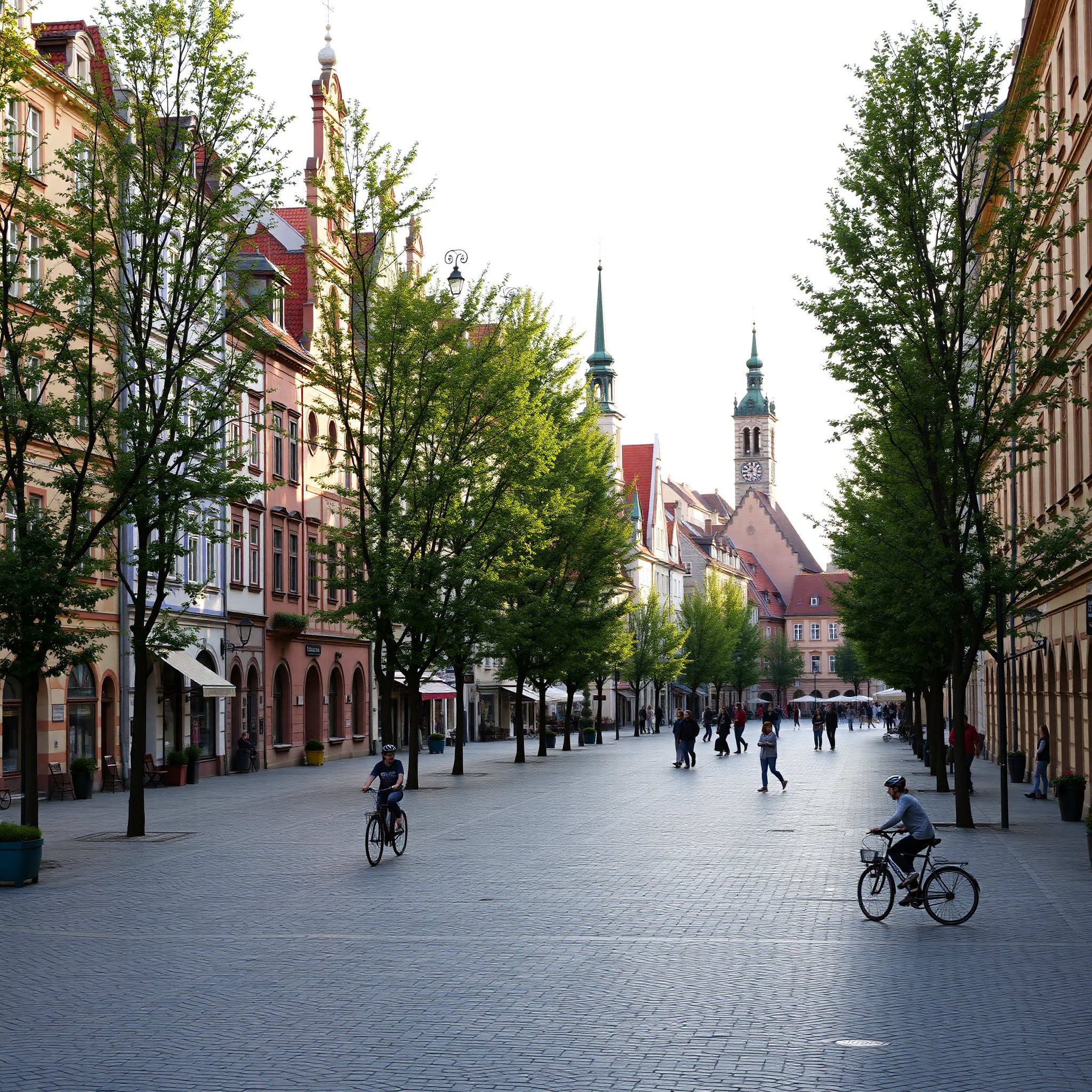 Professional photo of traditional Polish village street with historic buildings, bicycle riders, and pedestrians, charming town square with fountain