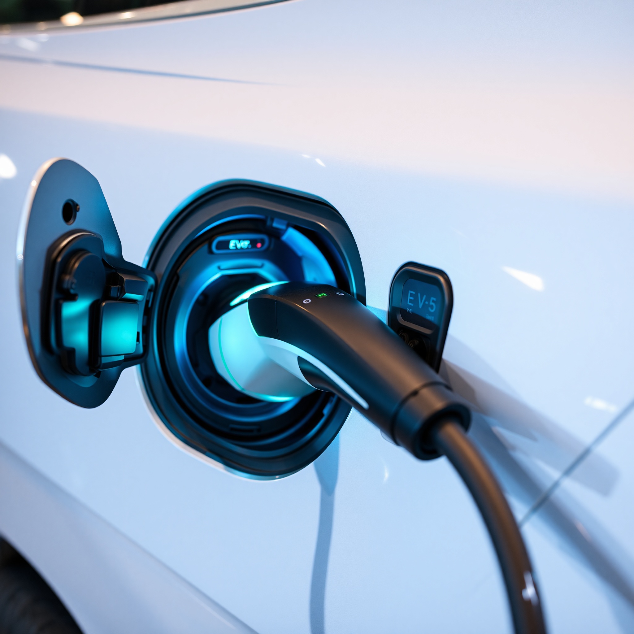 Detail shot of electric vehicle plug connector and charging cable connected to rental car with LED charging indicator lights
