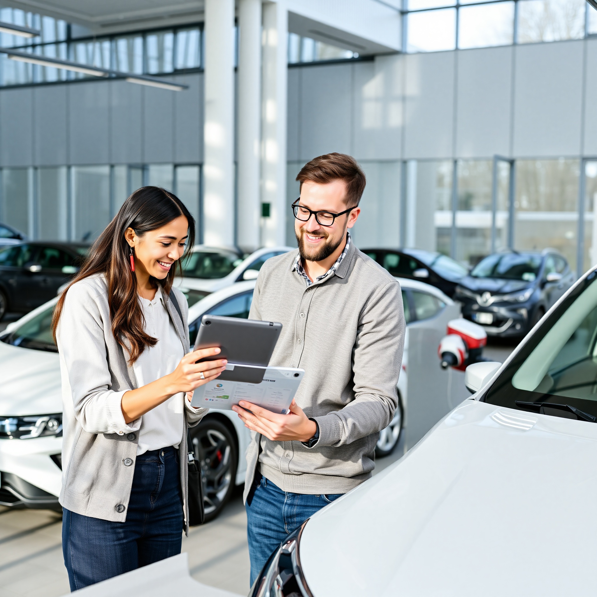Young professional couple smiling while viewing electric vehicle rental booking confirmation on digital tablet at pickup counter