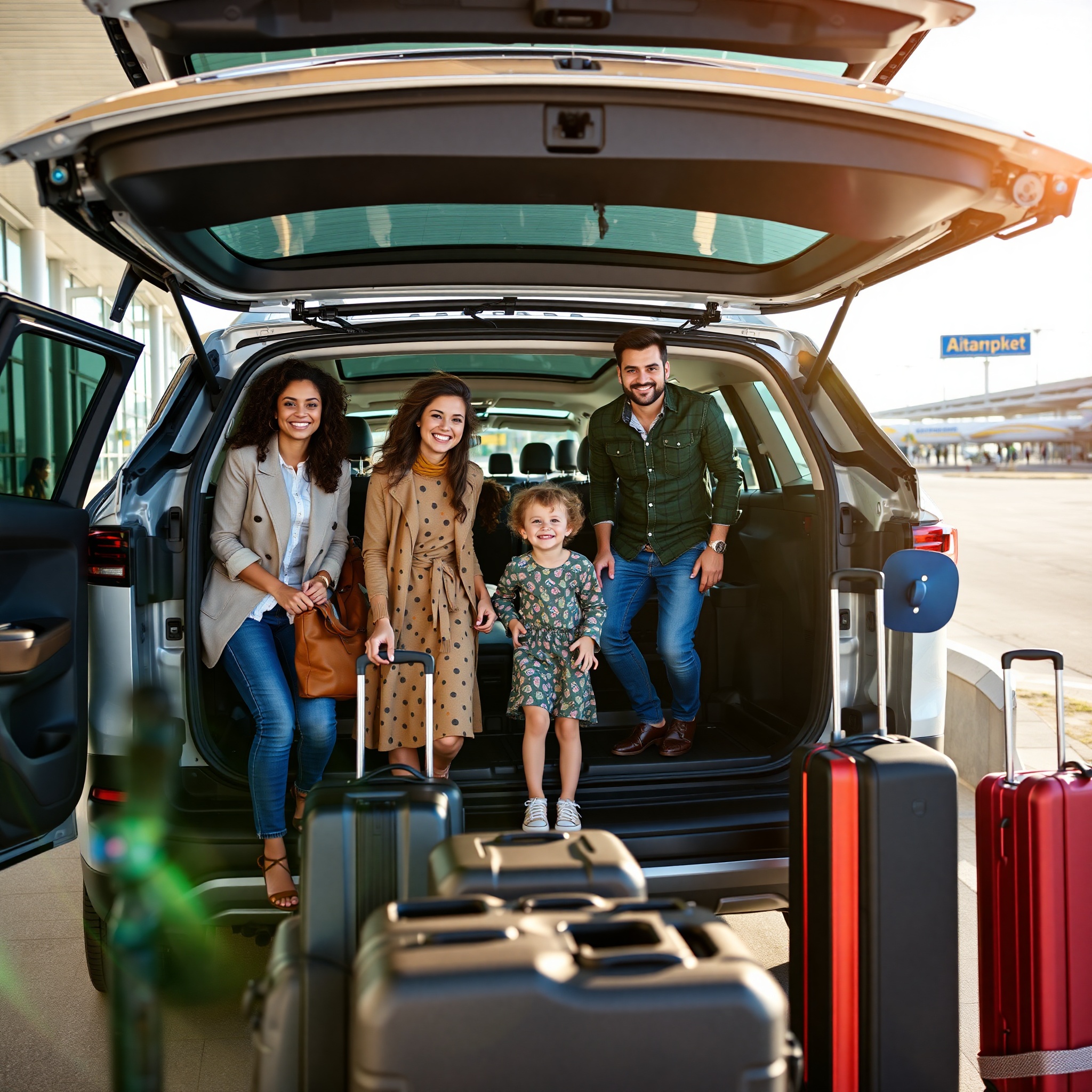 Family of four loading luggage into spacious electric SUV rental car at airport terminal with sunny weather
