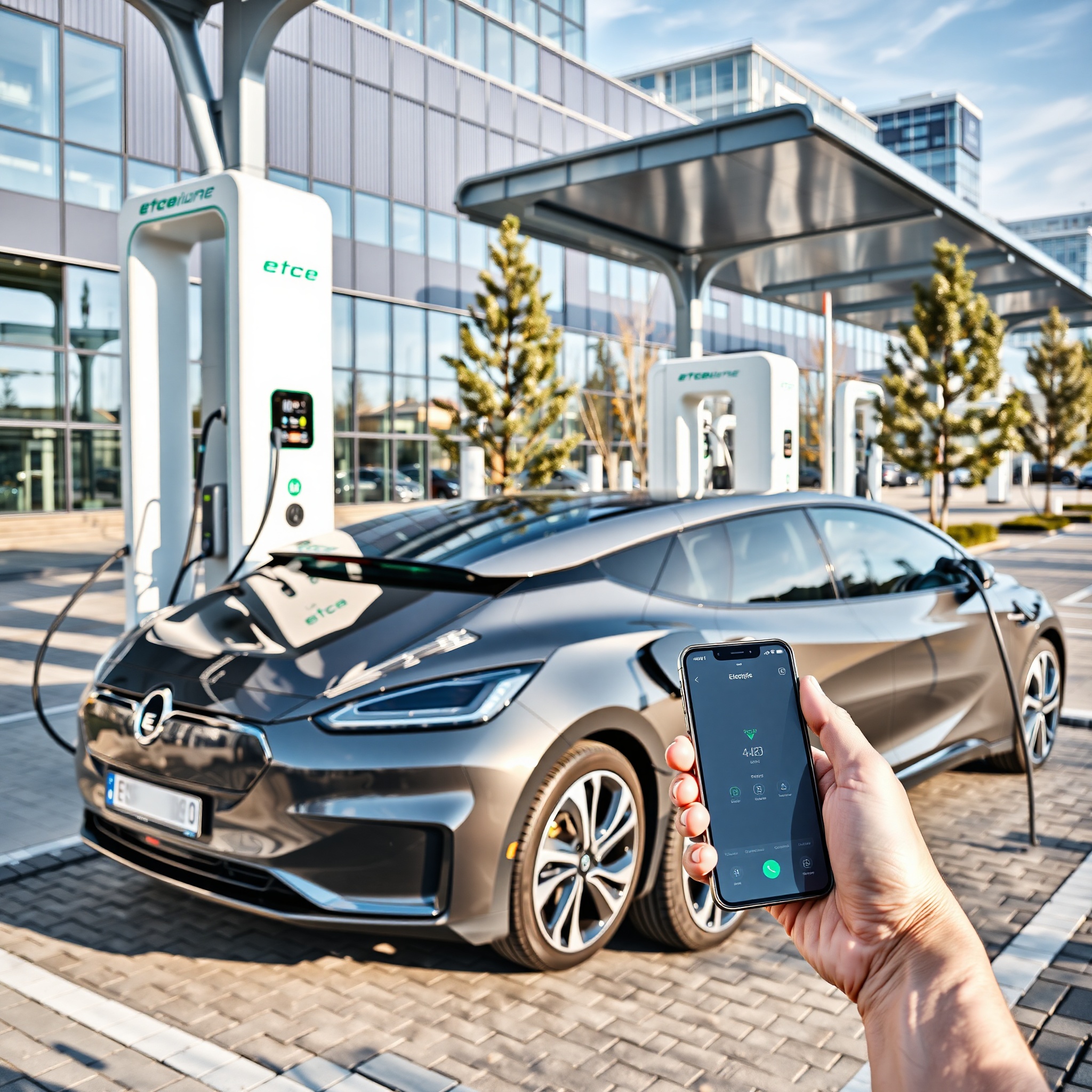 Professional photo of electric vehicle charging at modern charging station in Poland with smartphone app visible on screen, daylight