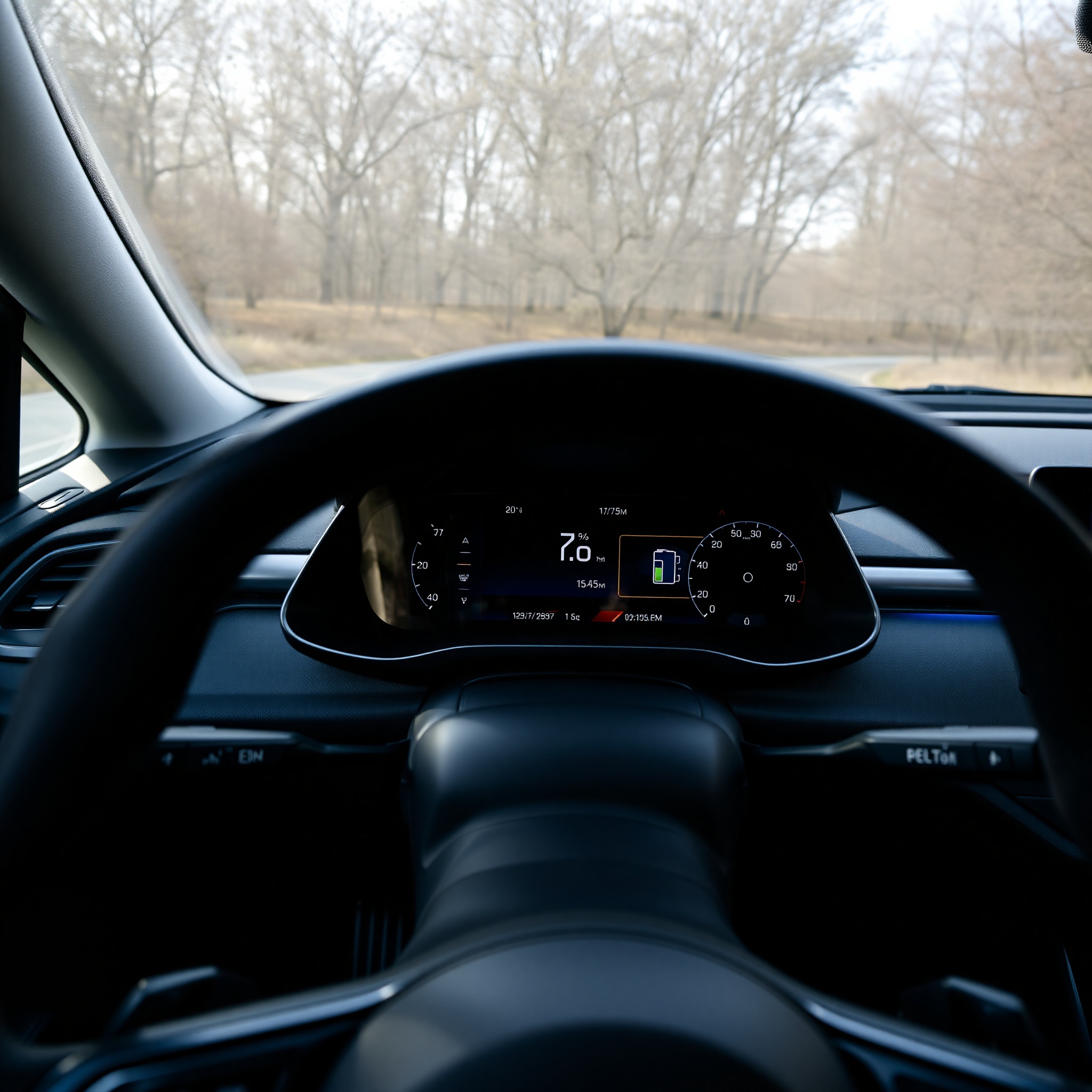 Modern electric vehicle dashboard displaying battery range and charging information