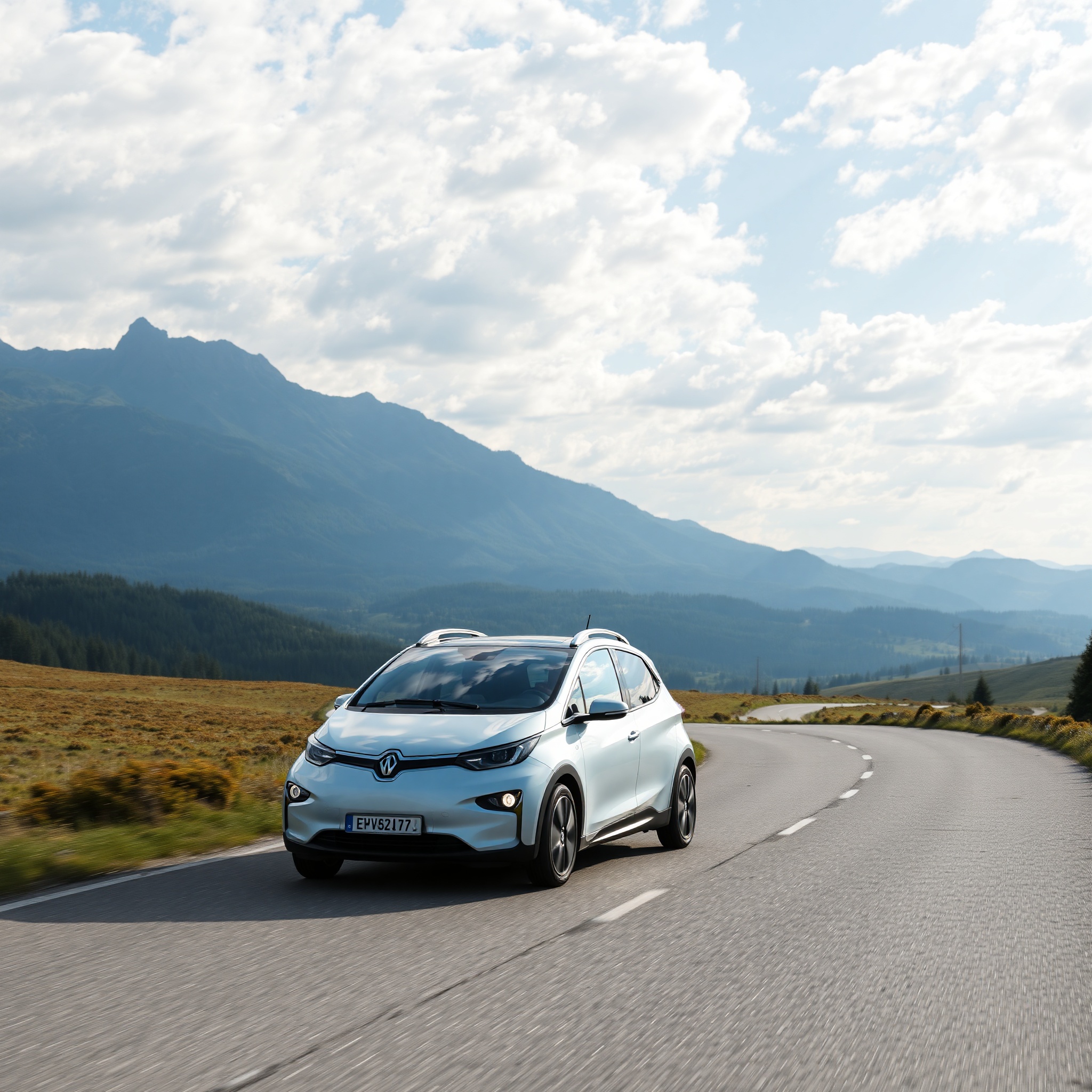 Scenic Polish landscape with electric vehicle driving on countryside road