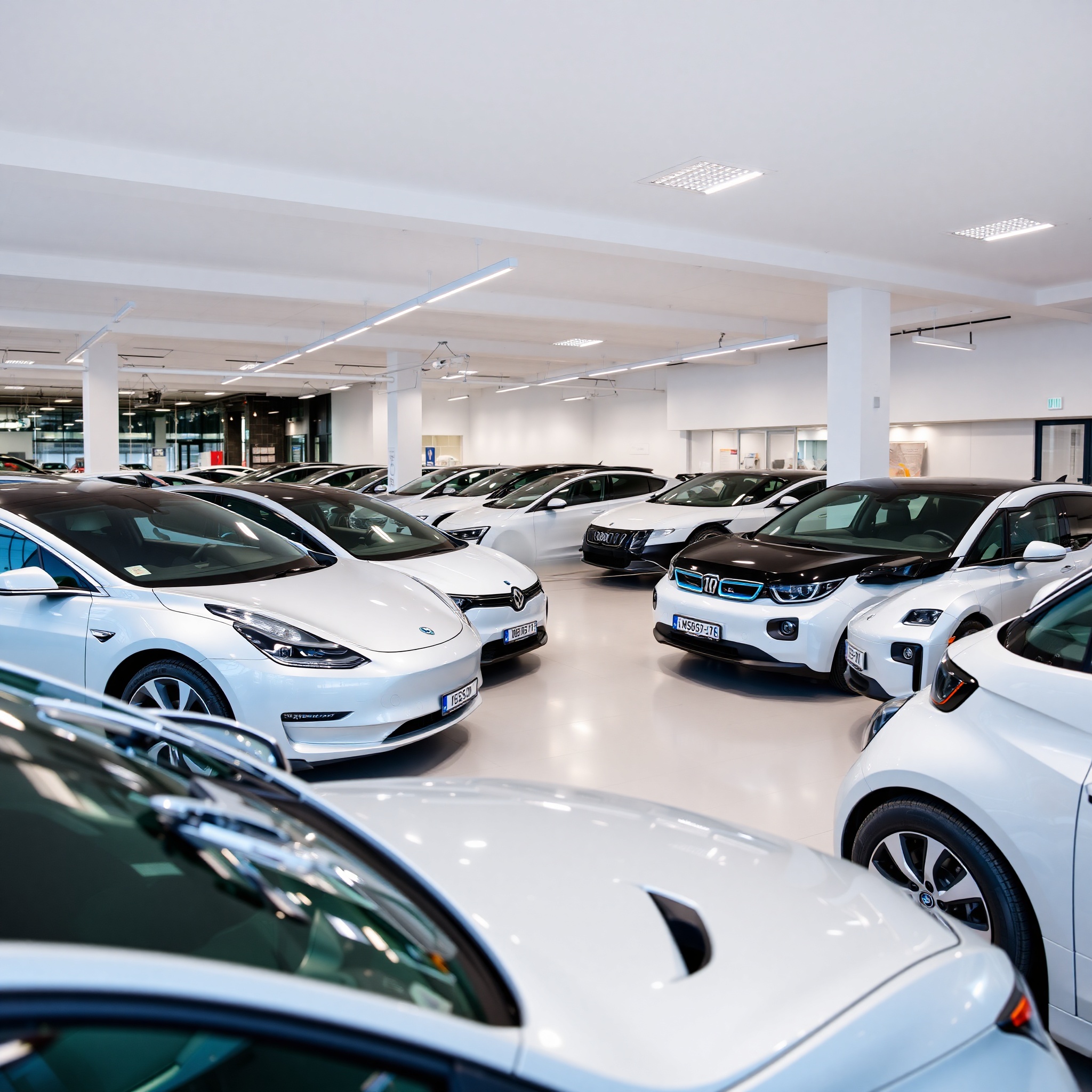 Diverse car rental fleet featuring multiple electric vehicle models displayed in modern showroom with professional lighting