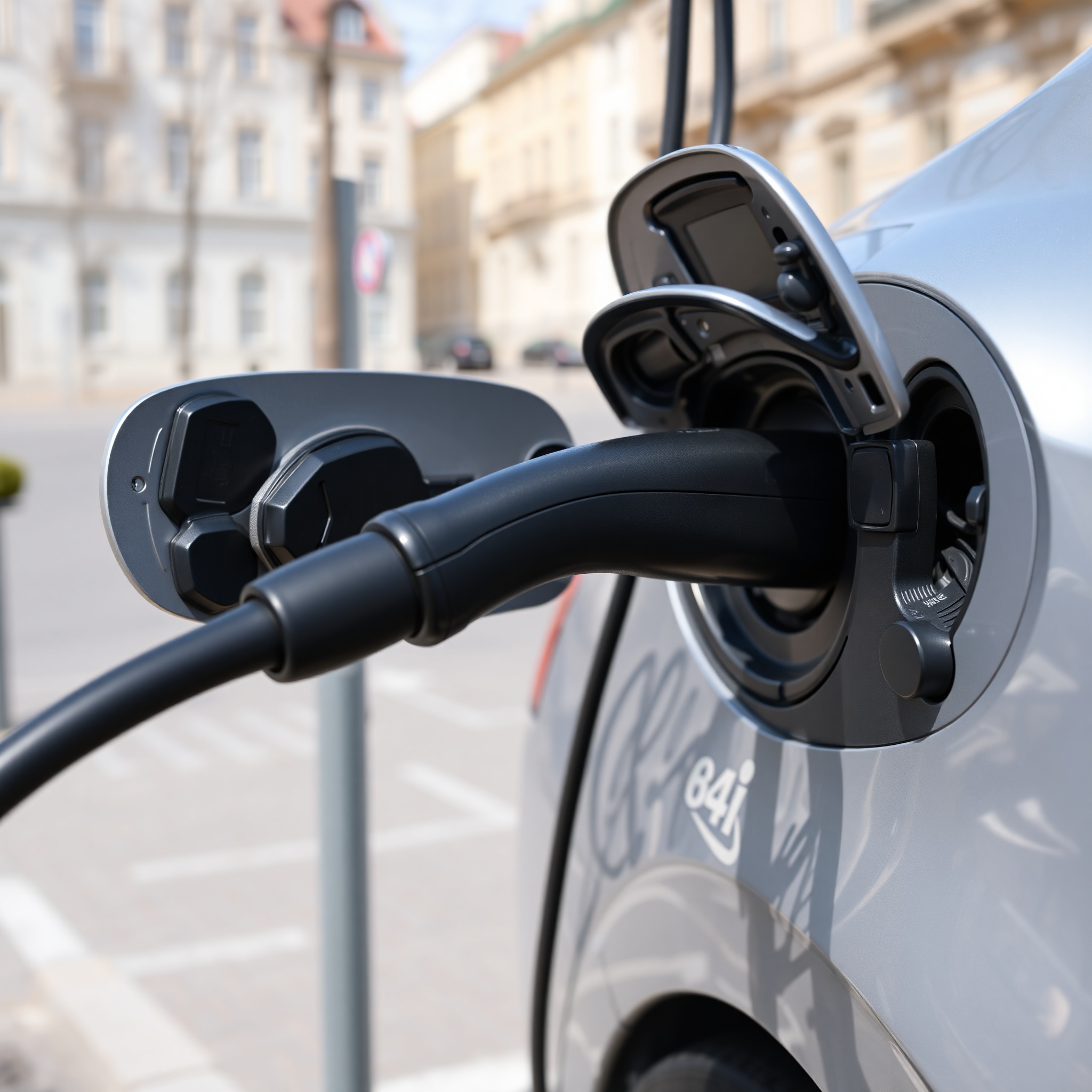 Electric vehicle charging port connected to modern charging station in urban setting