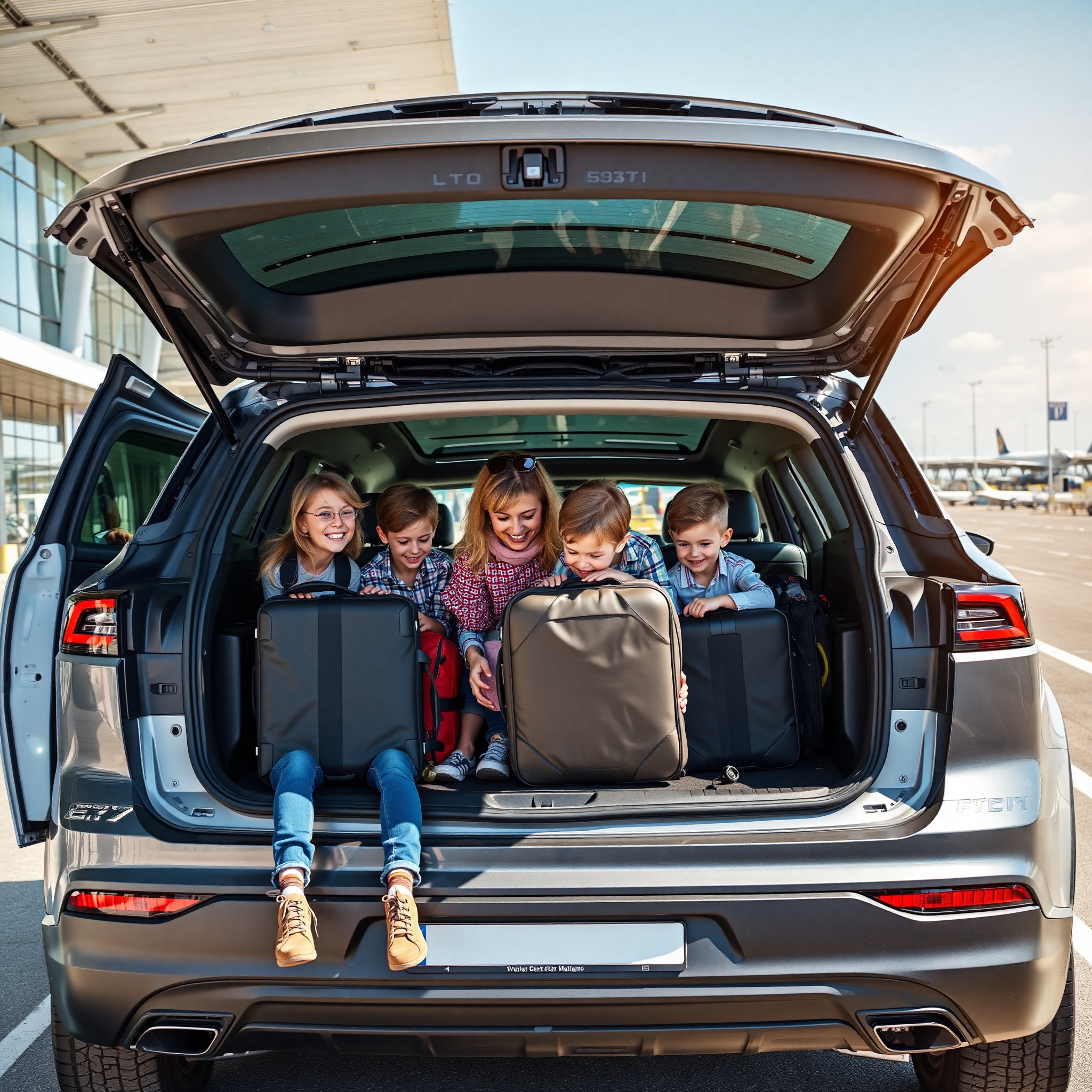 Family of four loading luggage into spacious electric SUV rental car at airport terminal with sunny weather