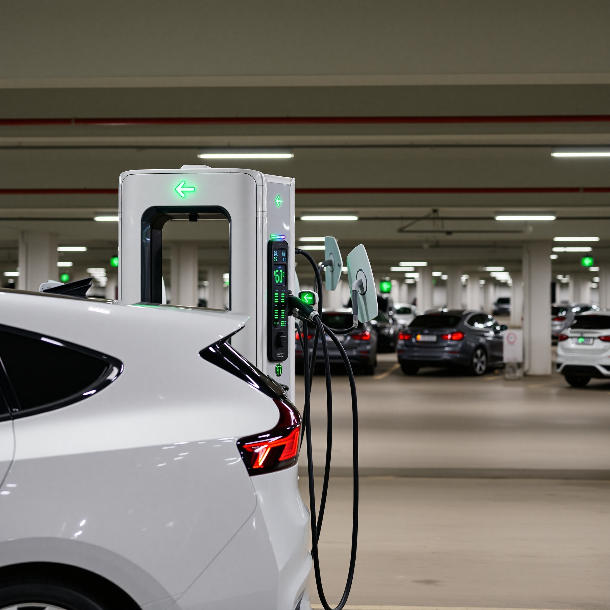 Modern electric vehicle charging station with green energy indicator lights in urban parking facility