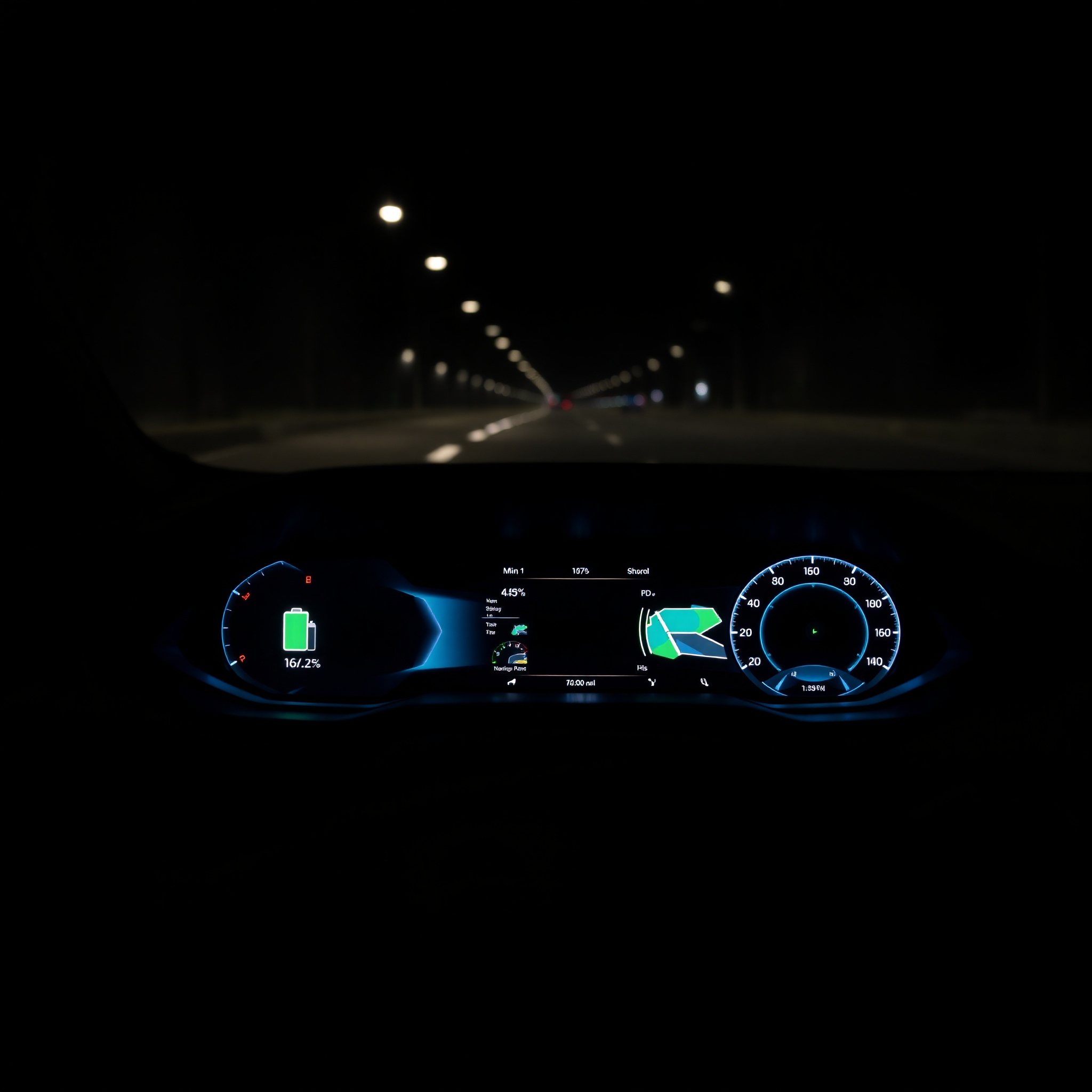 Modern EV digital dashboard displaying battery status, navigation, and performance metrics with illuminated touchscreen interface