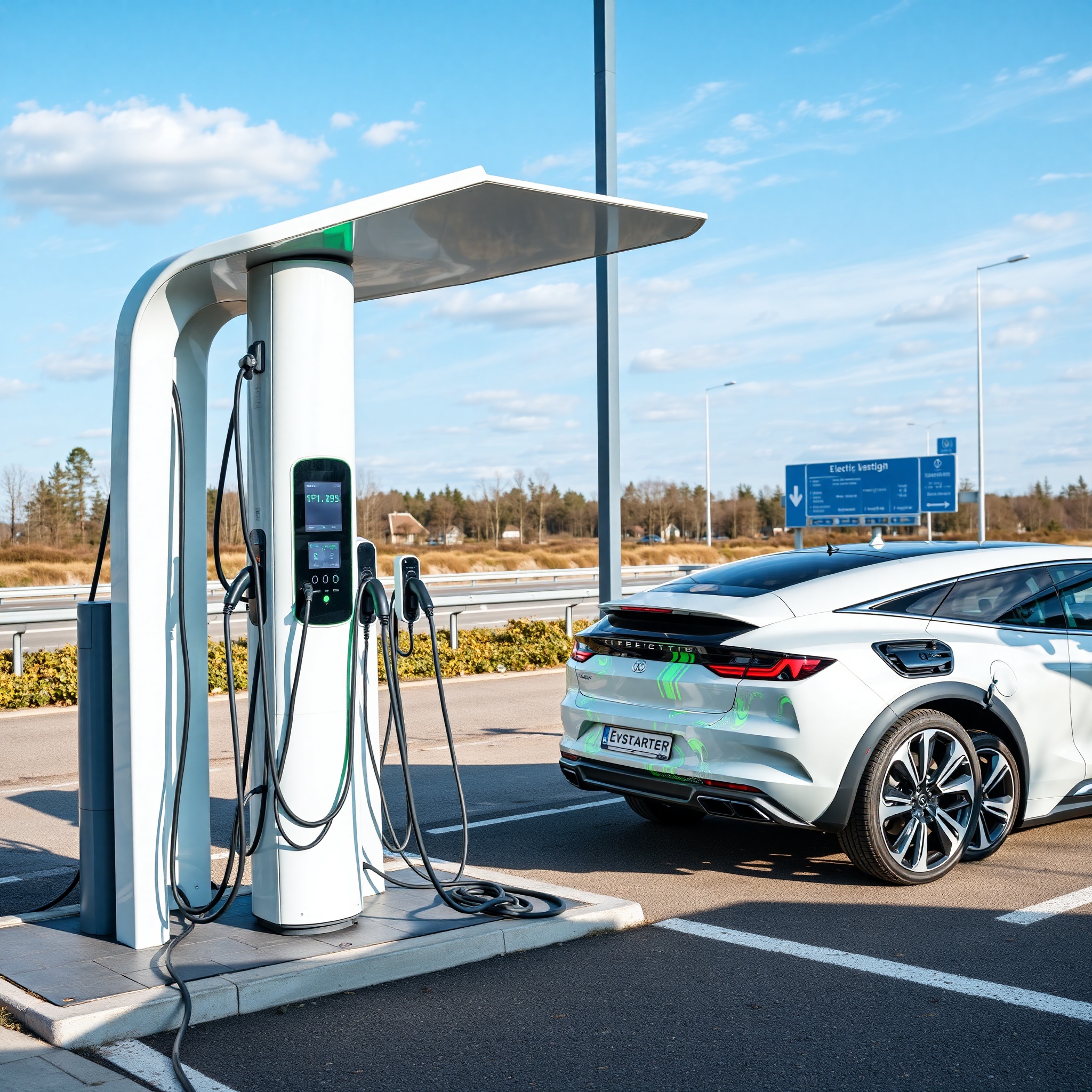 Modern DC fast charging station at highway rest area in Poland, displaying green energy indicators and multiple charging cables, afternoon lighting