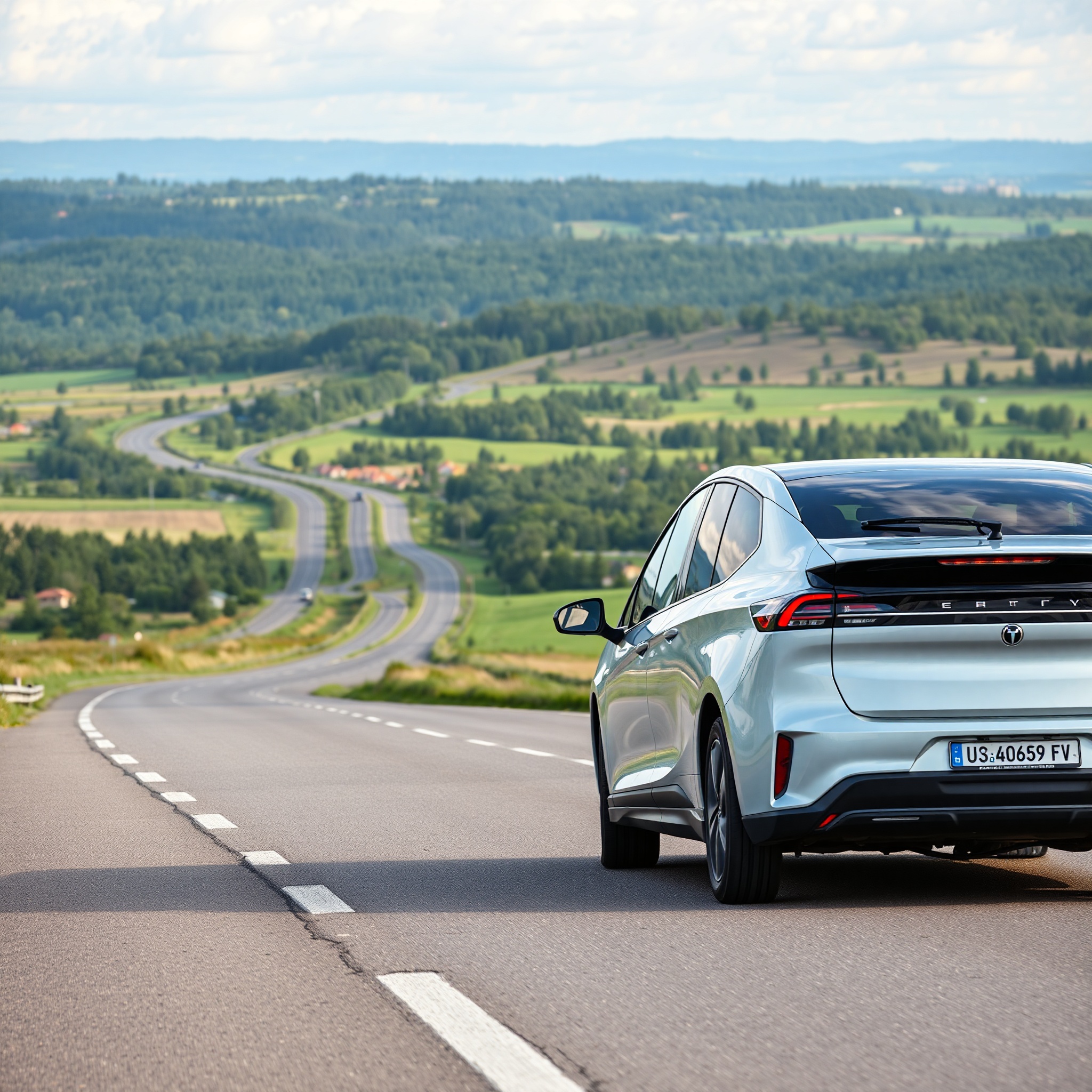 Electric vehicle on a scenic road showing efficient range optimization and sustainable driving