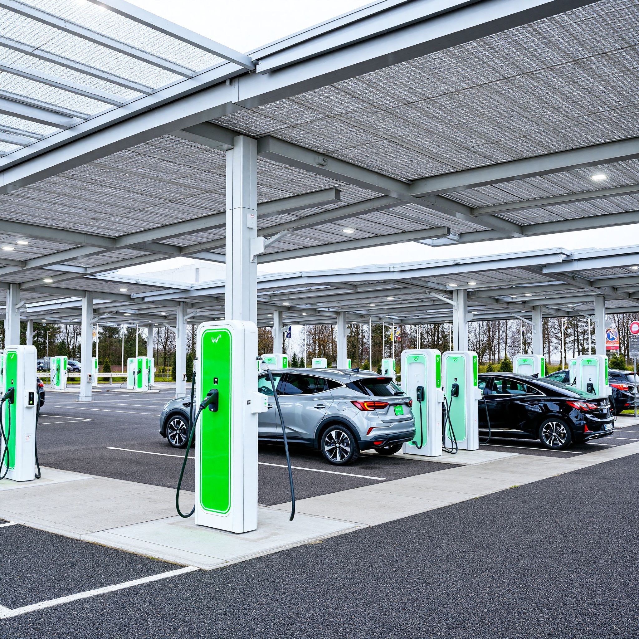 Professional photo of modern EV charging station network in Poland with multiple vehicles charging, contemporary infrastructure design