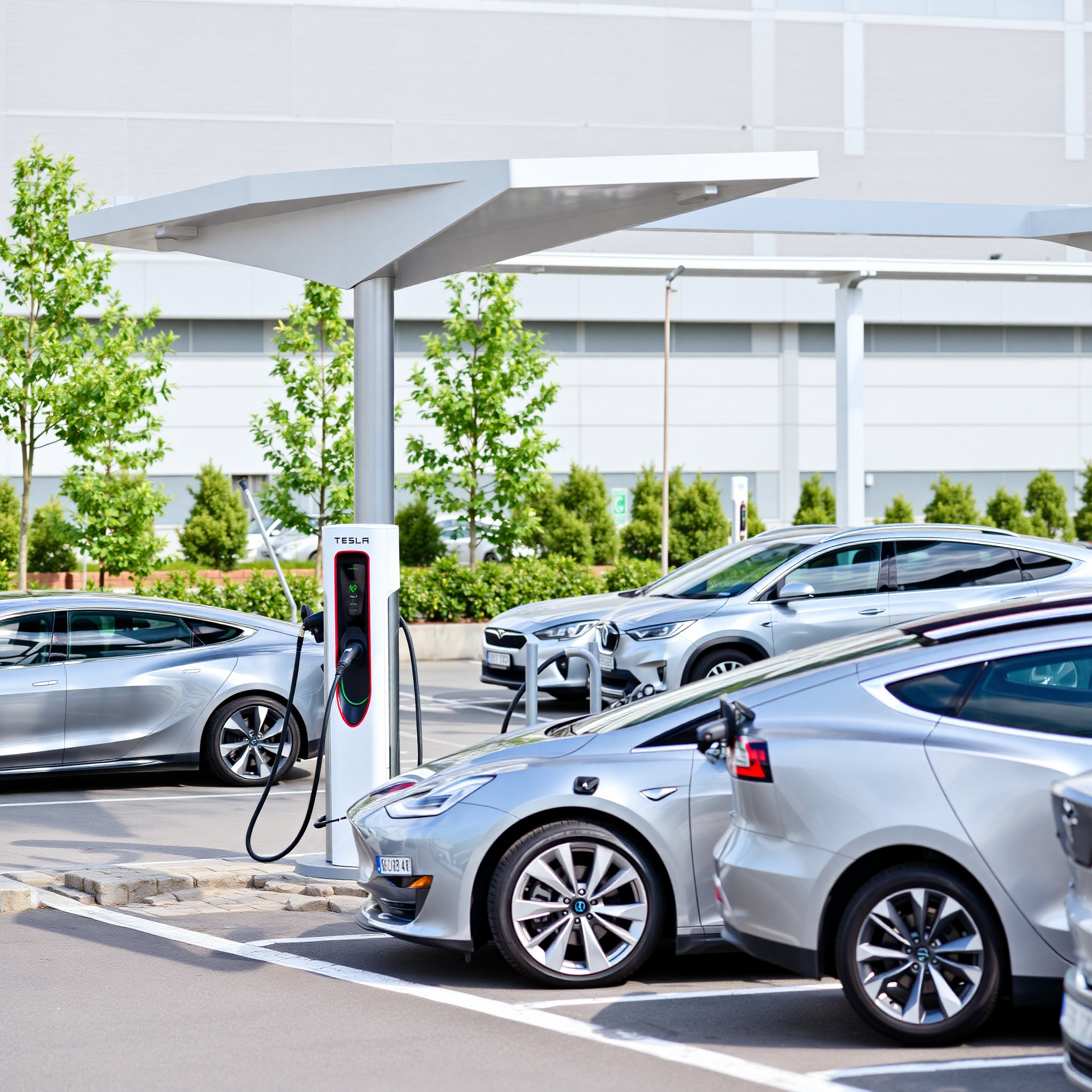 Modern electric vehicle charging station with green energy indicator lights in urban parking facility