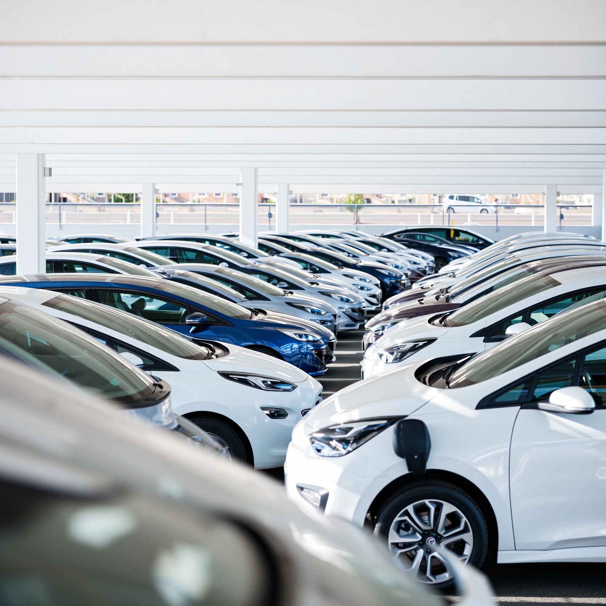 Diverse team of electric vehicle rental company professionals smiling at modern office with charging stations visible through windows