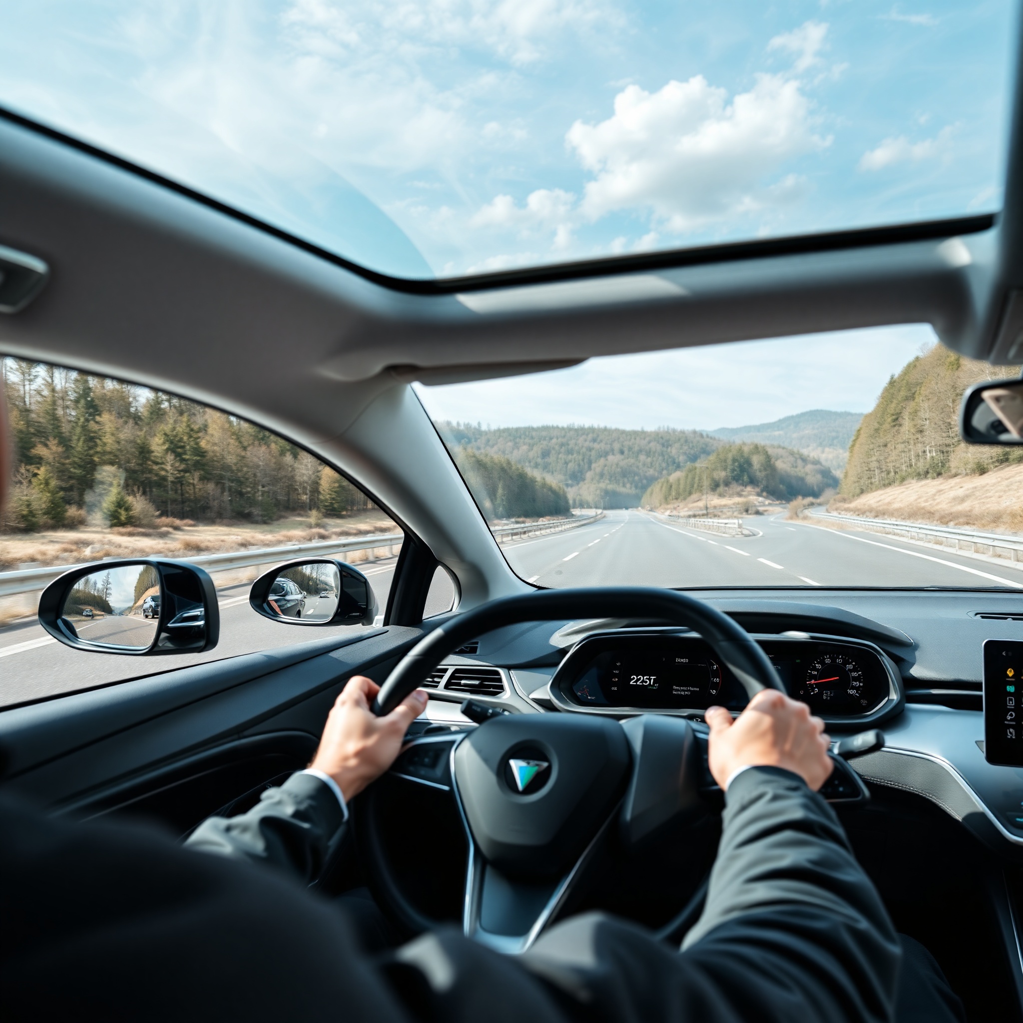 Driver confidently operating modern electric vehicle on open highway with clear visibility of dashboard range indicator and charging status
