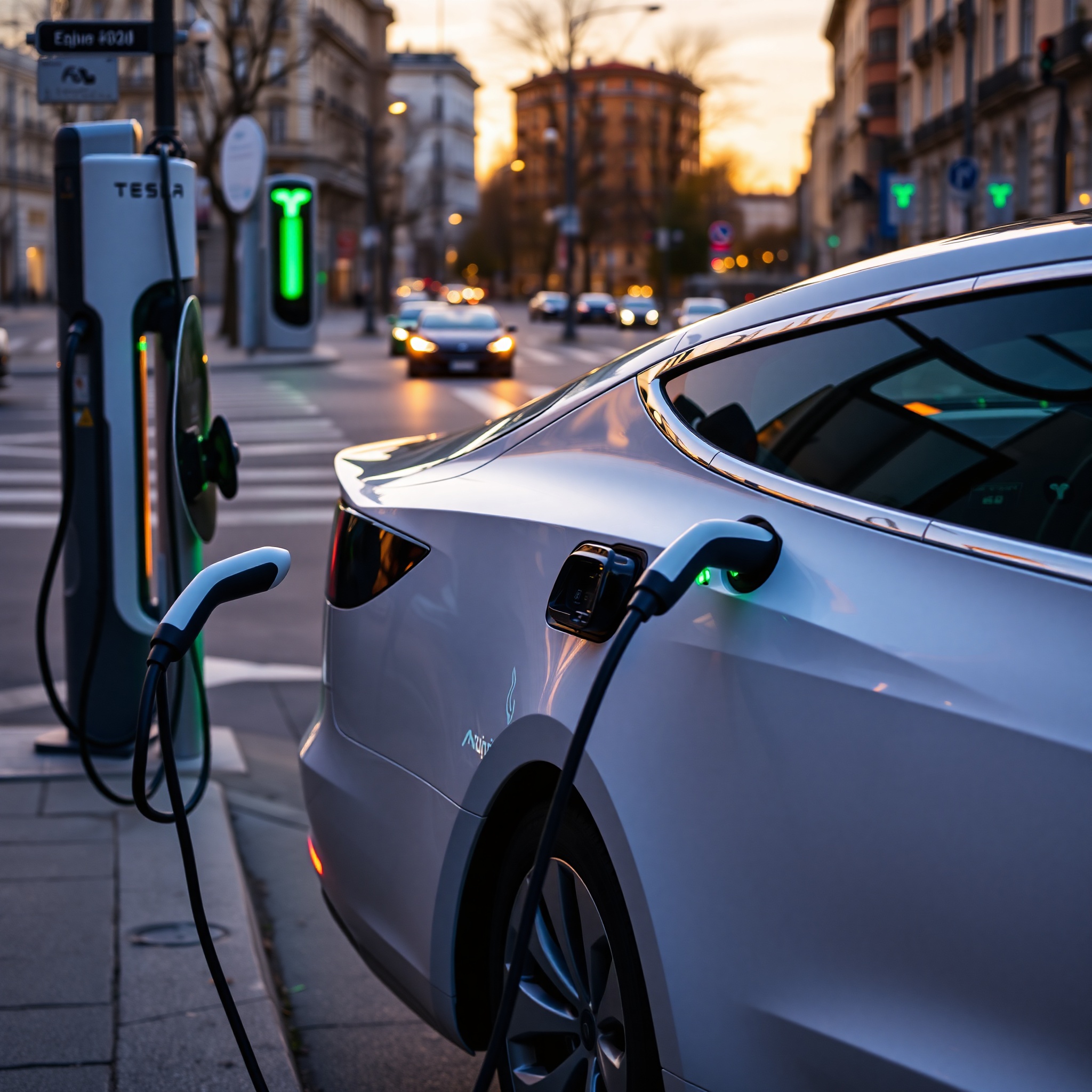 Modern electric vehicle charging at station with green energy indicator display in urban Poland setting