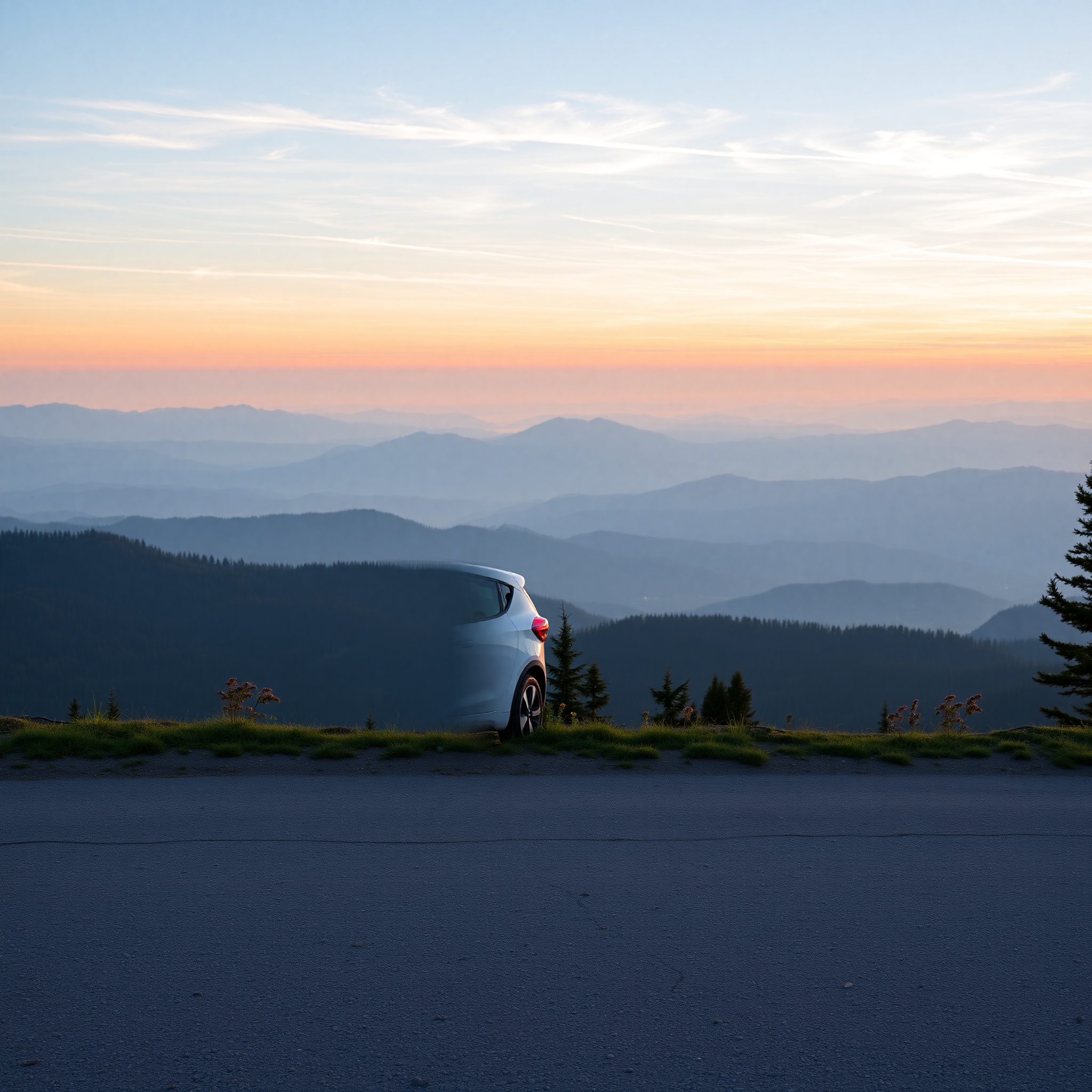 Professional photo of electric vehicle parked at scenic Polish landscape overlook with mountains visible in distance, golden hour lighting