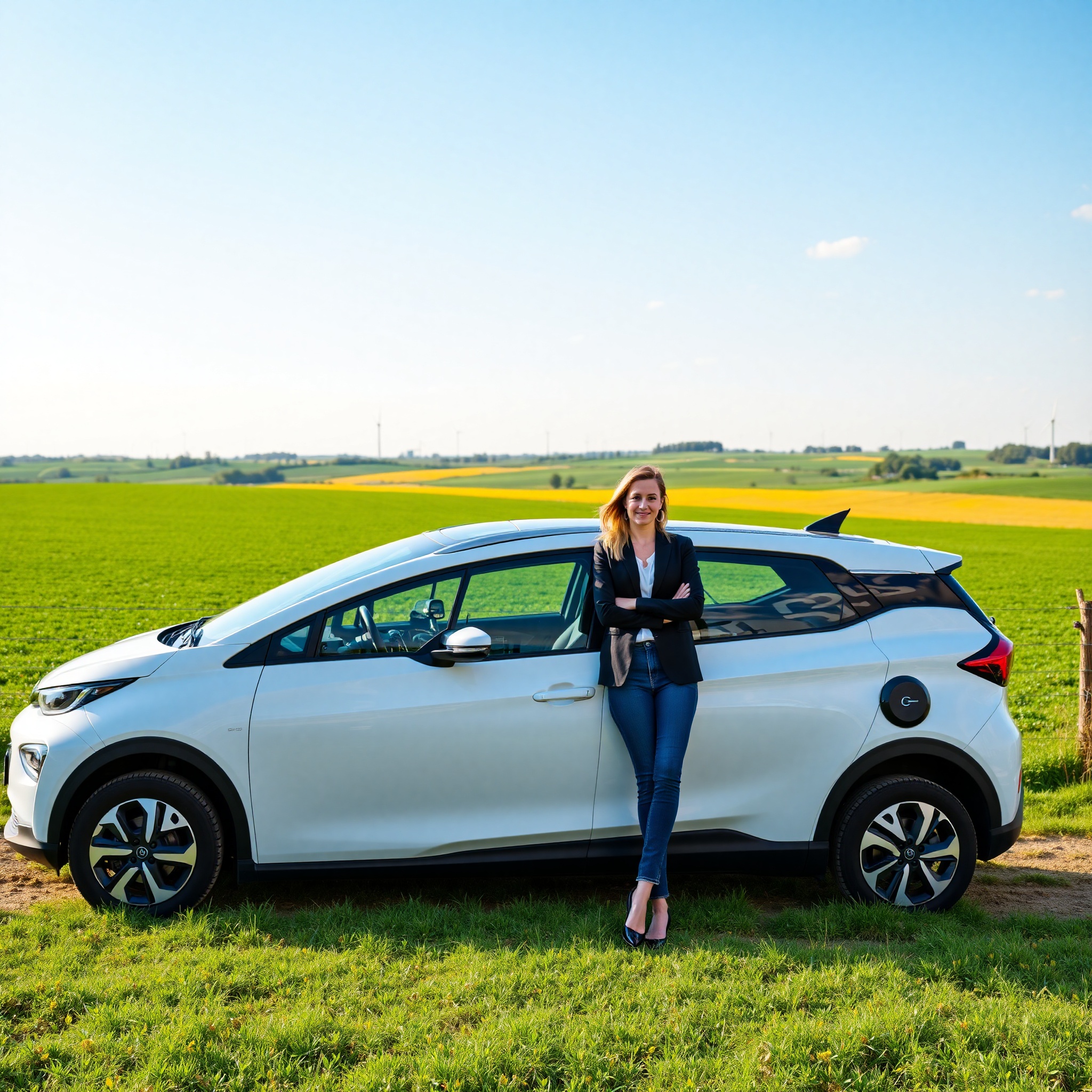 Eco-conscious tourist standing beside rented electric car with scenic Polish countryside landscape and wind turbines in background